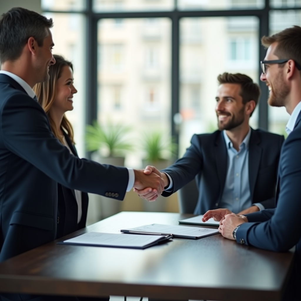 Professionelle Geschäftsleute beim Händeschütteln während einer Finanzberatung in modernem Büro mit Dokumenten auf dem Tisch
