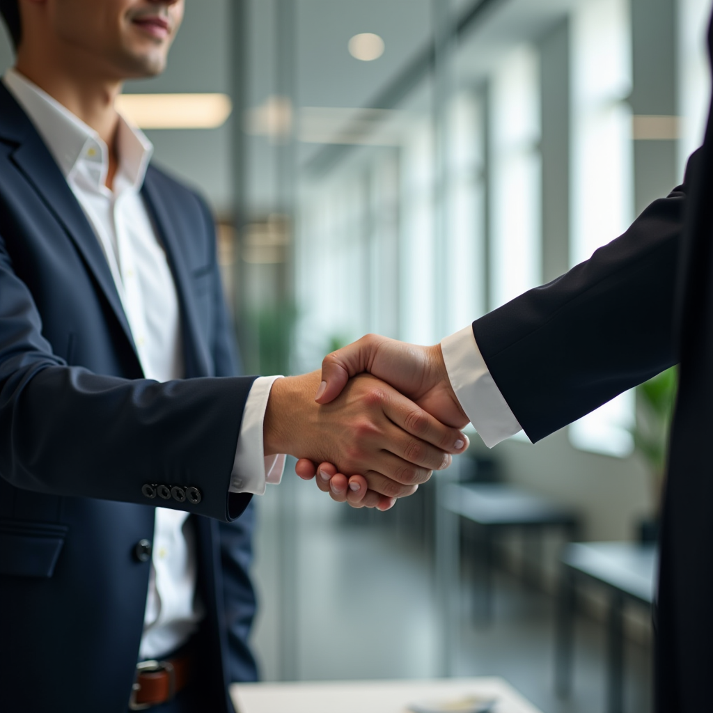 Professionelle Geschäftsleute beim Händeschütteln während einer Finanzberatung in modernem Büro, symbolisiert Vertrauen und Partnerschaft bei Kreditvergabe