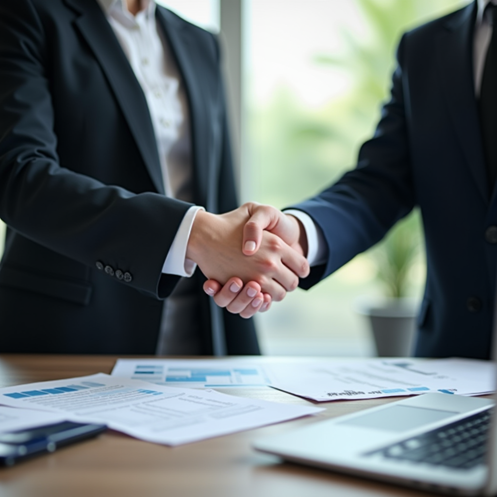 Professionelle Geschäftsberatung: Zwei Geschäftsleute in formeller Kleidung schütteln sich die Hände über einem Schreibtisch mit Finanzdokumenten und Laptop, symbolisiert Vertrauen und erfolgreiche Kreditvereinbarung