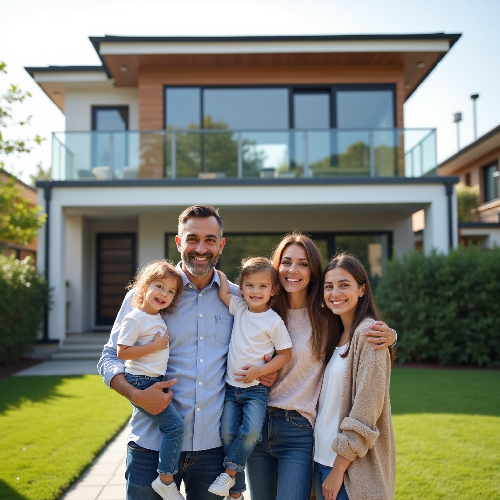 Moderne Familie steht vor ihrem neuen Eigenheim mit gepflegtem Vorgarten und zeitgenössischer Architektur, strahlende Gesichter zeigen Freude über erfolgreichen Hauskauf