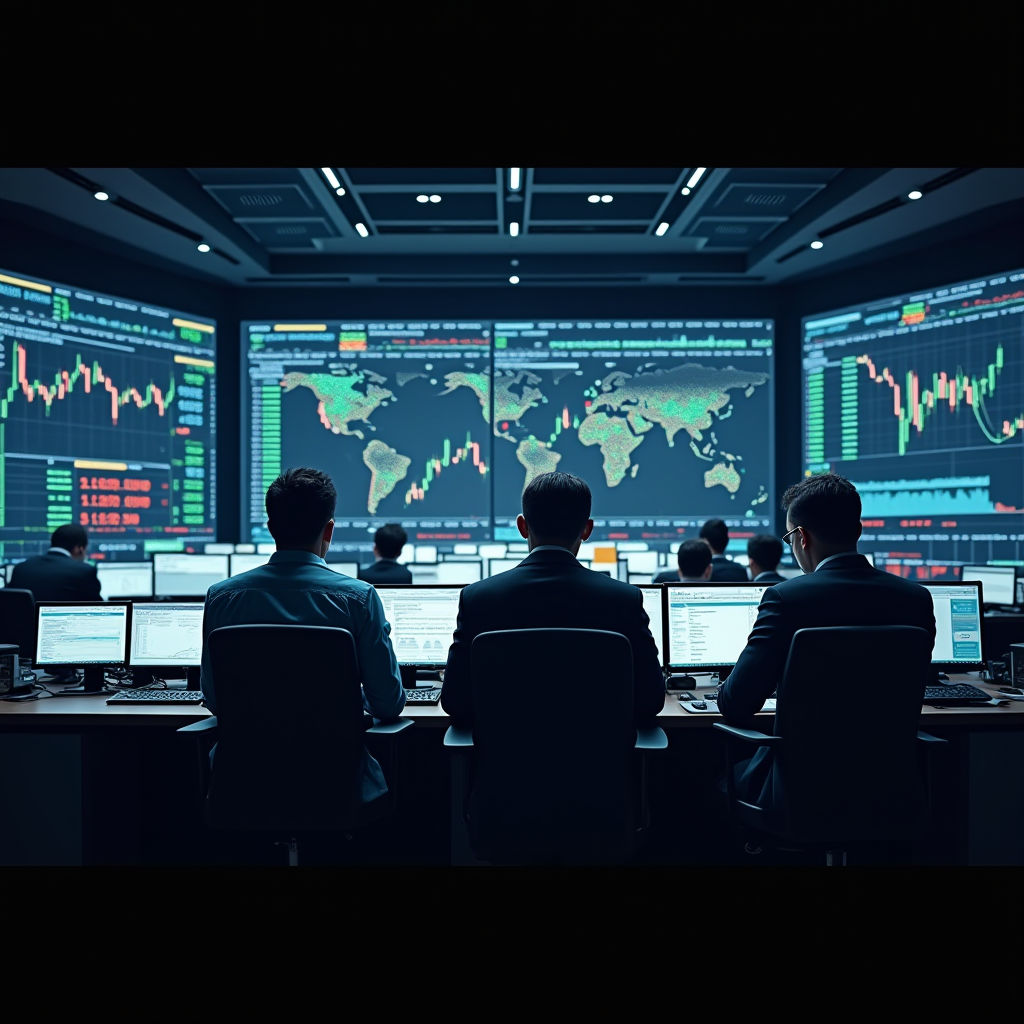 Moderner Devisenhandelsraum mit mehreren Bildschirmen, die Echtzeit-Währungskurse, Handelsvolumina und globale Marktdaten anzeigen, professionelle Händler bei der Arbeit