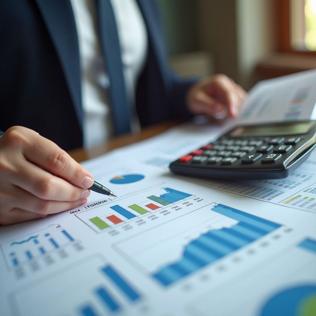 Finanzberater analysiert Diagramme und Dokumente mit Taschenrechner, zeigt Refinanzierungsanalyse und Kostenersparnis-Berechnungen für Hypotheken und Geschäftskredite