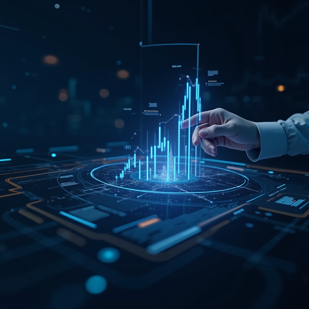 Futuristic visualization of currency management technology showing AI-powered analytics, blockchain integration, and advanced risk modeling systems in a modern financial technology interface