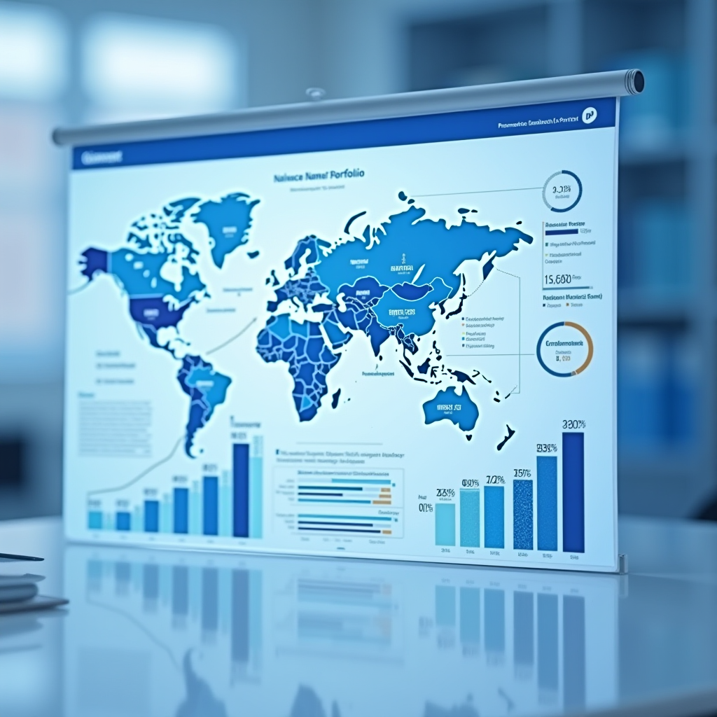 Umfassende Darstellung eines institutionellen Investmentportfolios mit globalen Währungsallokationen, Risikomanagement-Metriken, Performance-Dashboards und strategischen Asset-Allokationen in professionellem blau-weißem Design